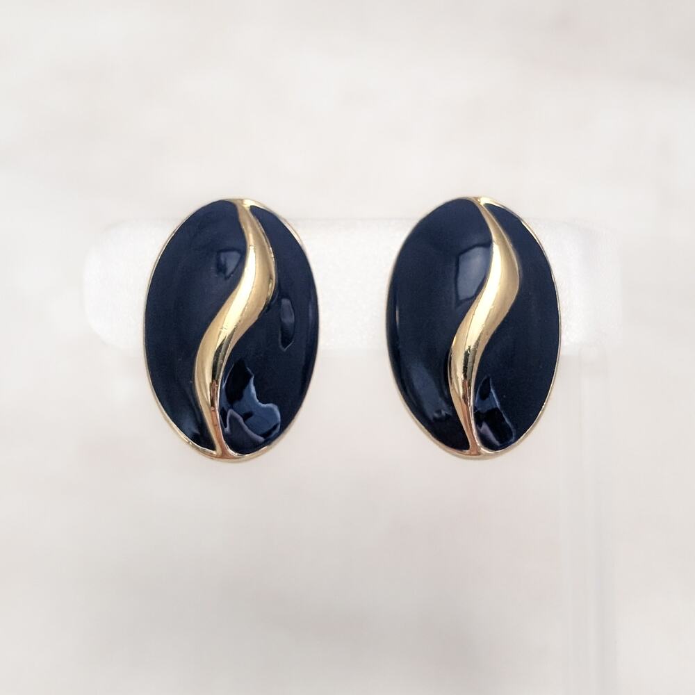 Vintage Clip On Earrings Large Oval Blue Enamel and Gold Tone Statement Classy